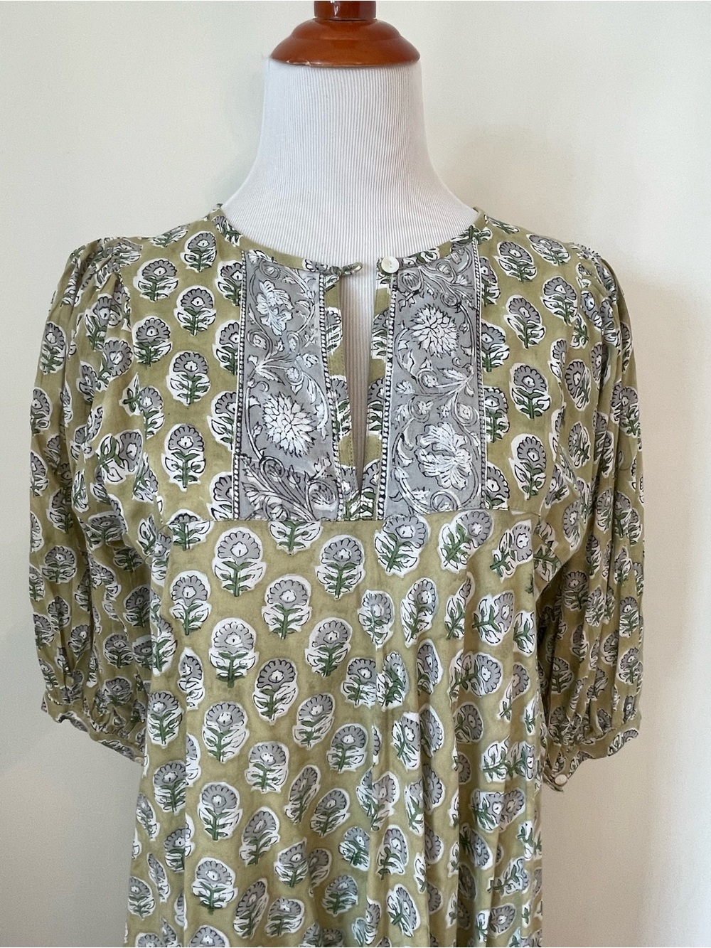 Light Olive Floral Maxi Dress with Lace Yoke
